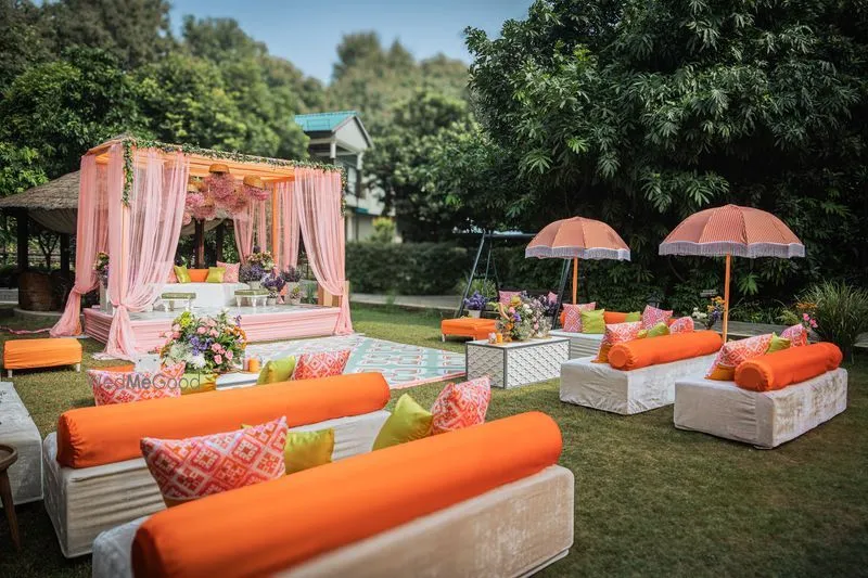 Outdoor wedding function decor at a luxury resort in Jim Corbett