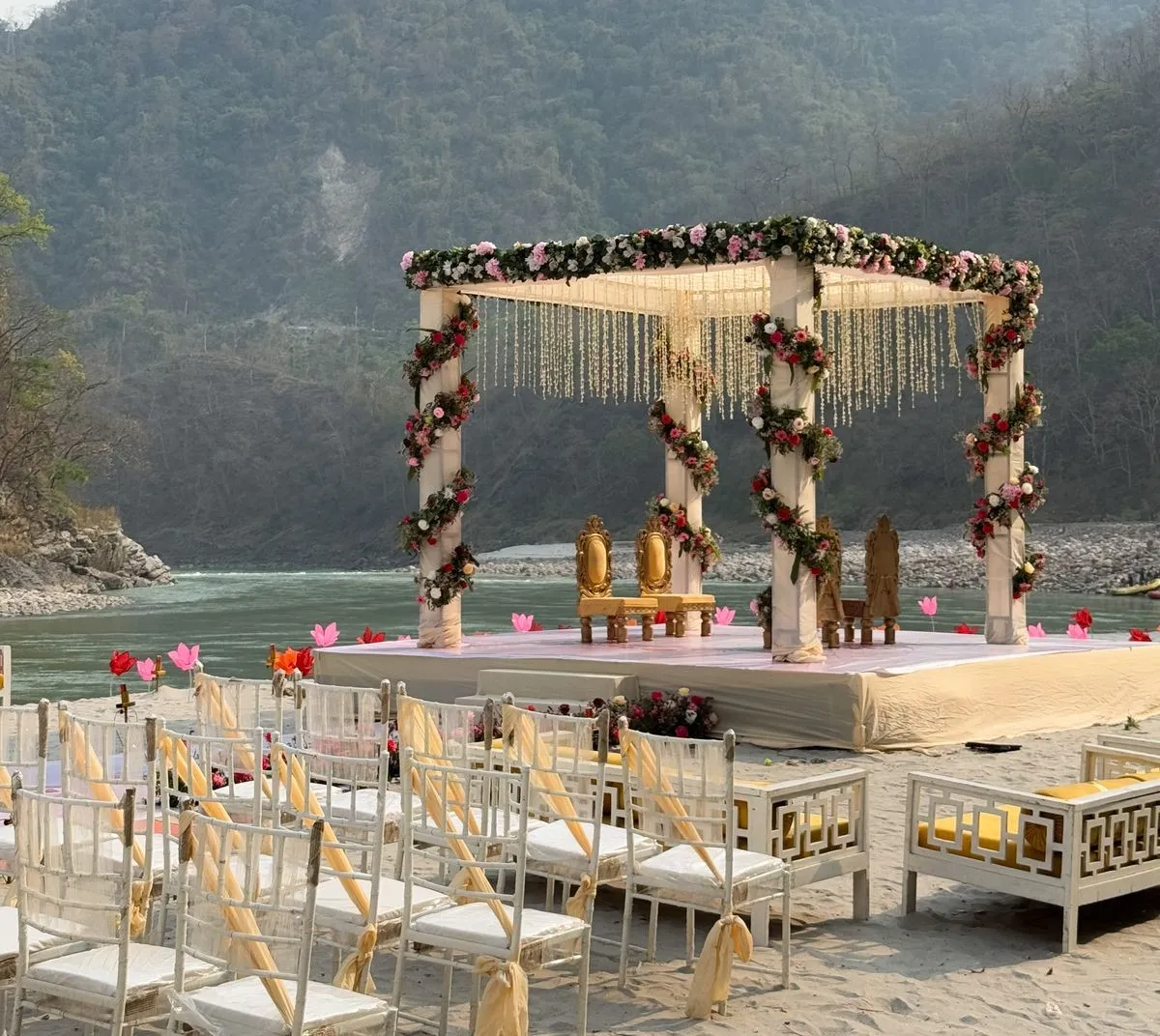 Outdoor wedding function decor at a luxury resort in Jim Corbett
