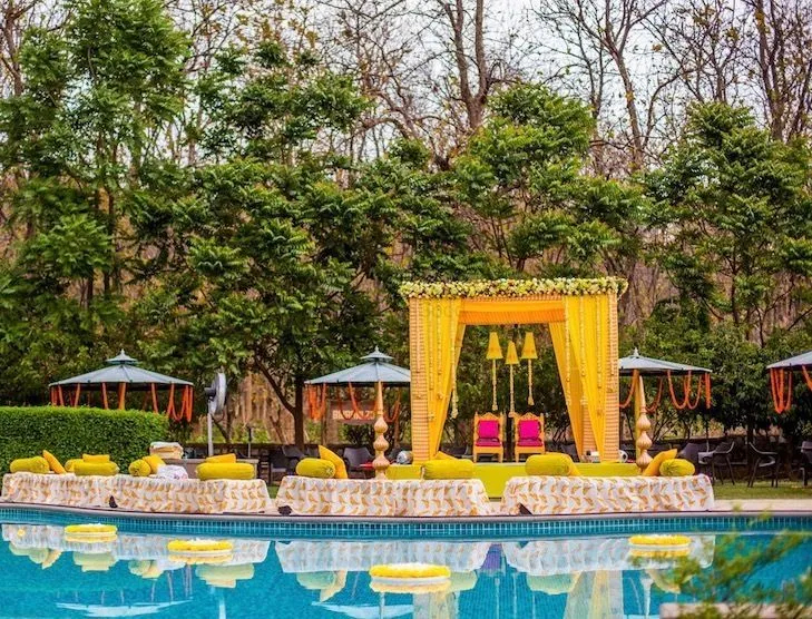 Vibrant Haldi ceremony setup at a Jim Corbett wedding venue