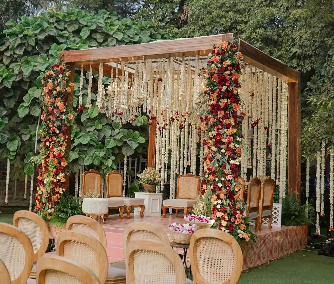 Outdoor wedding function decor at a luxury resort in Jim Corbett
