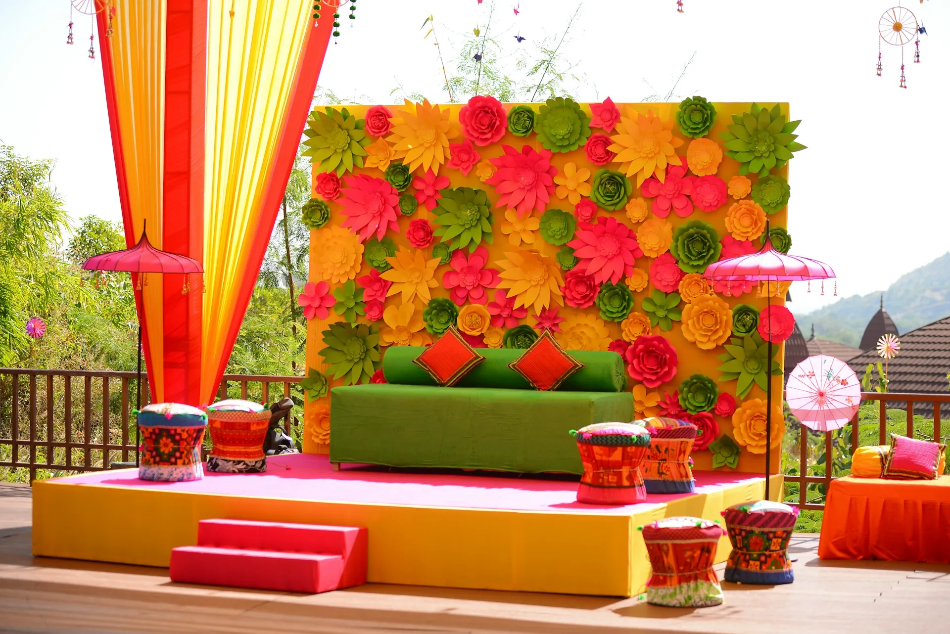 Vibrant Haldi ceremony decor at a luxury wedding venue in Udaipur