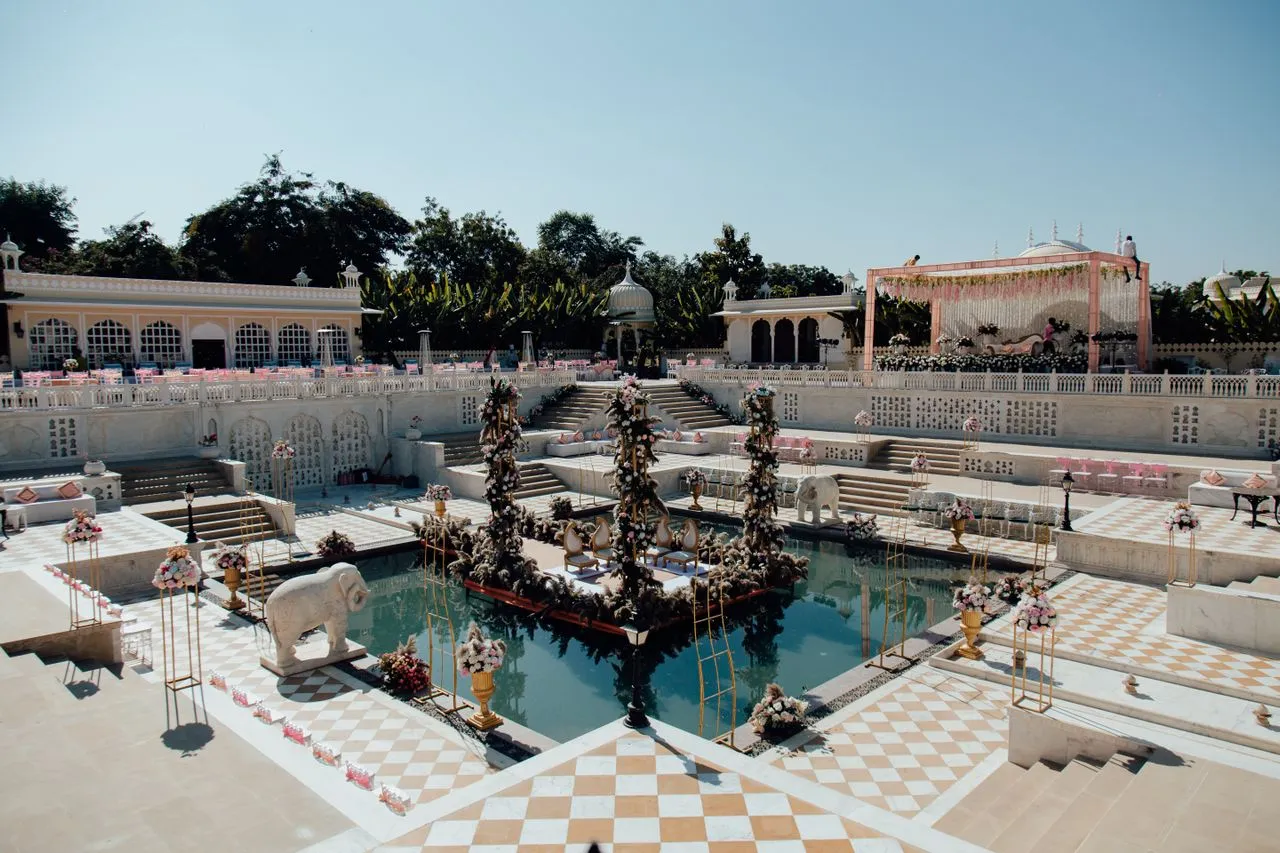 Royal wedding decoration at a palace venue in Udaipur